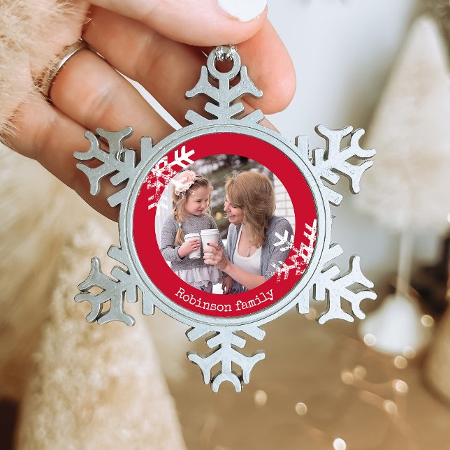 Distressed Snowflakes Red Photo Monogrammed Snowflake Pewter Christmas Ornament (Rustic snowflake family holiday keepsake photo ornament perfect for gifts to bring joy to others.)