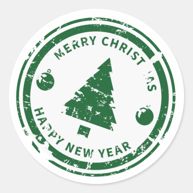 Distressed Stamp Green Holiday Christmas Tree Classic Round Sticker (Front)