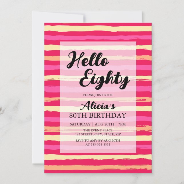 Distressed Stripes Pink Colourful 80th Birthday  Invitation (Front)