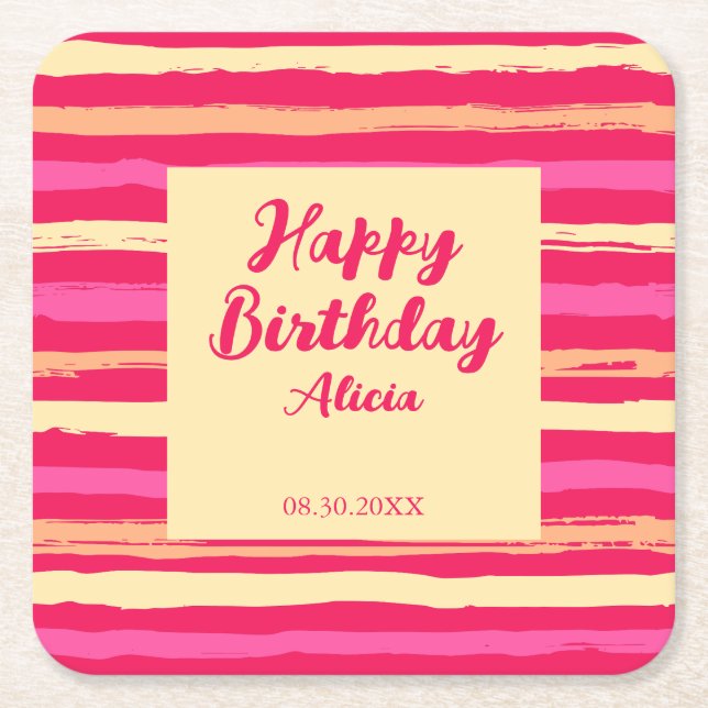 Distressed Stripes Pink Peach Colourful Birthday Square Paper Coaster (Front)