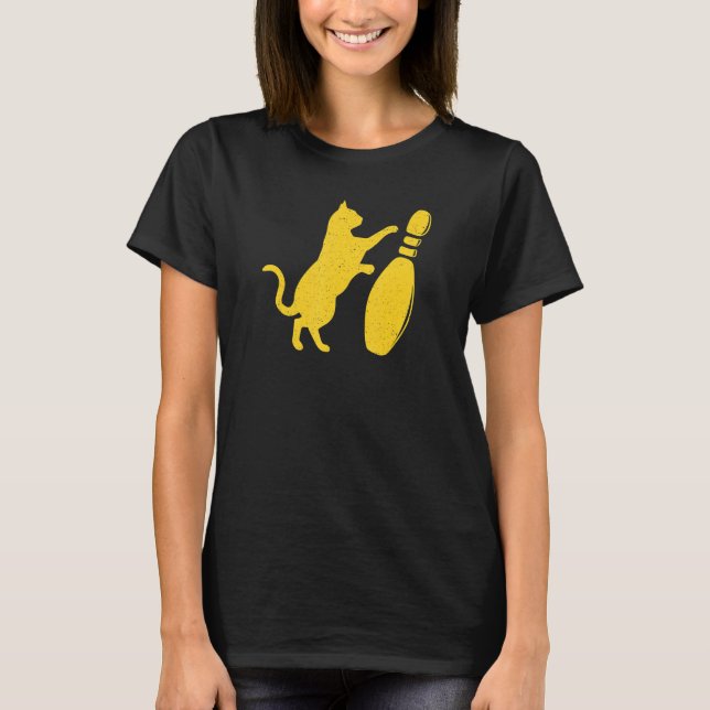 Distressed Style Cute Cat Knocking Over Bowling Pi T-Shirt (Front)