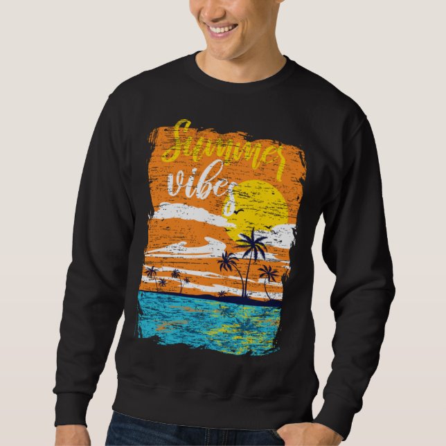Distressed Summer Vibes Retro Sunset Beach Palm Tr Sweatshirt (Front)