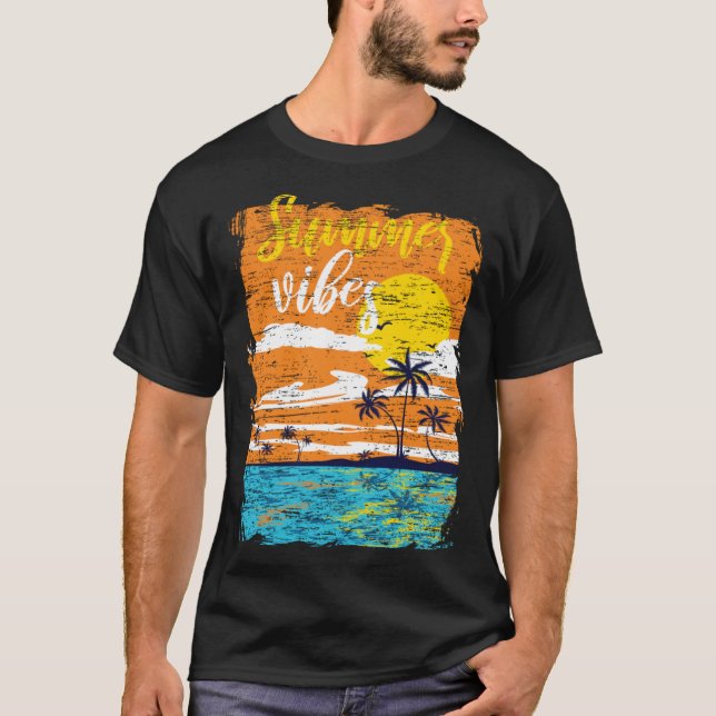 Distressed Summer Vibes Retro Sunset Beach Palm Tr T-Shirt (Front)