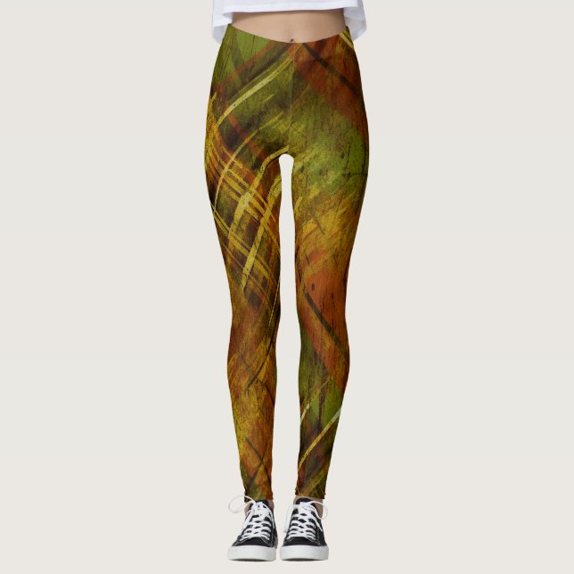  Distressed Tartan Check Brown Green Mix Leggings (Front)