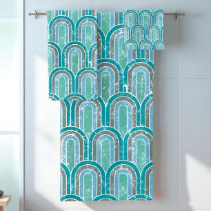 Distressed Teal and Blue Retro Rainbow Arch Bath Towel Set