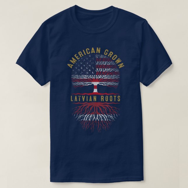 Distressed Tree USA Flag American Grown Latvian Ro T-Shirt (Design Front)