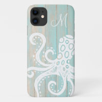 Distressed Turquoise Beach Wood Octopus Monogram