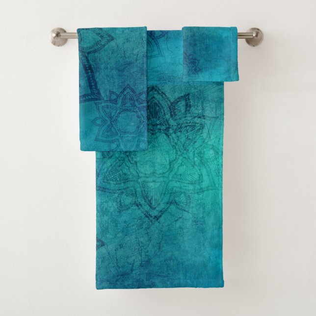 Distressed Turquoise Blue Mandala Design Bath Towel Set (Insitu)