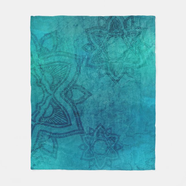 Distressed Turquoise Blue Mandala Fleece Blanket (Front)