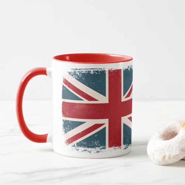 DISTRESSED UNION JACK BRITISH FLAG COFFEE MUG (With Donut)