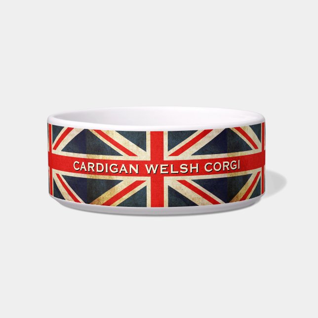 Distressed Union Jack Cardigan Welsh Corgi Pet Bowl (Front)