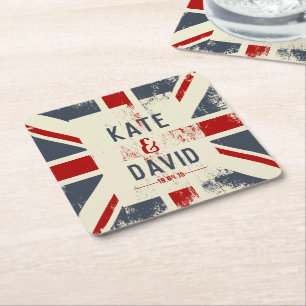 Distressed Union Jack Couple's Names Wedding Favou Square Paper Coaster