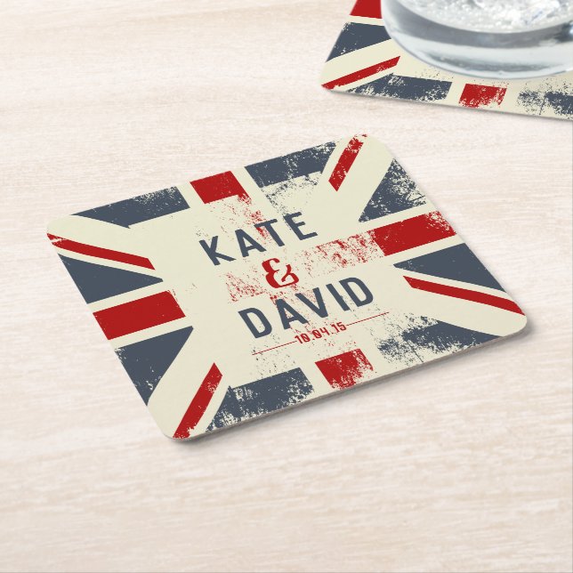 Distressed Union Jack Couple's Names Wedding Favou Square Paper Coaster (Angled)