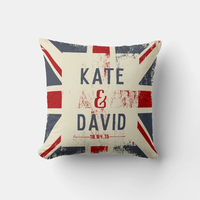 Distressed Union Jack Couple's Names Wedding Gift Cushion (Front)