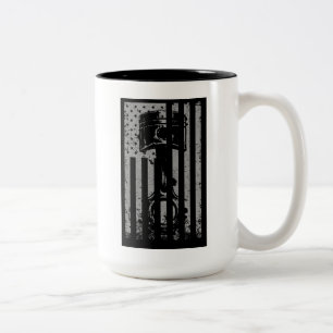 Distressed USA Flag Piston Muscle Car Illustration Two-Tone Coffee Mug
