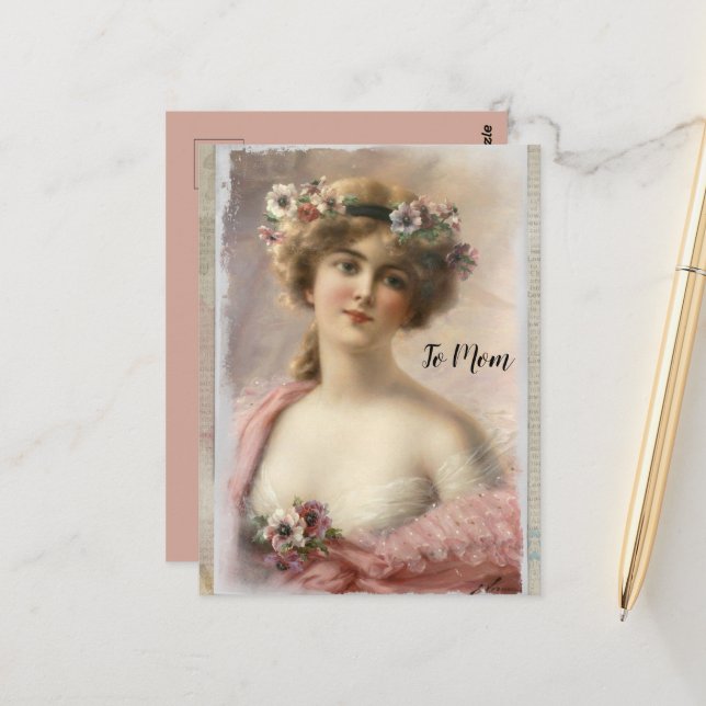 Distressed Victorian Woman w/Flowers on Watercolor Postcard (Front/Back In Situ)