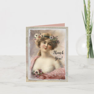 Distressed Victorian Woman w/Flowers on Watercolor Thank You Card