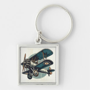 Distressed Vintage Classic Biplane Painting Key Ring