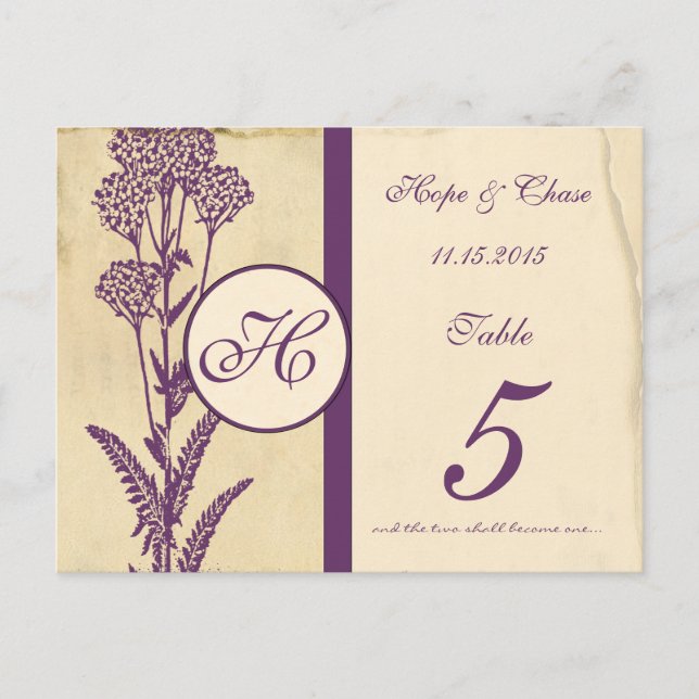 Distressed Vintage Purple Flower Table Number Card (Front)