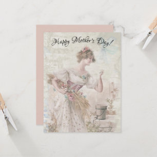 Distressed Vintage Woman Gathering Flowers Grain