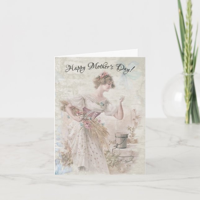Distressed Vintage Woman Gathering Flowers Grain Holiday Card (Front)