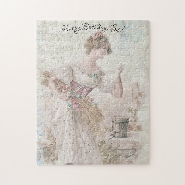 Distressed Vintage Woman Gathering Flowers Grain Jigsaw Puzzle (Vertical)