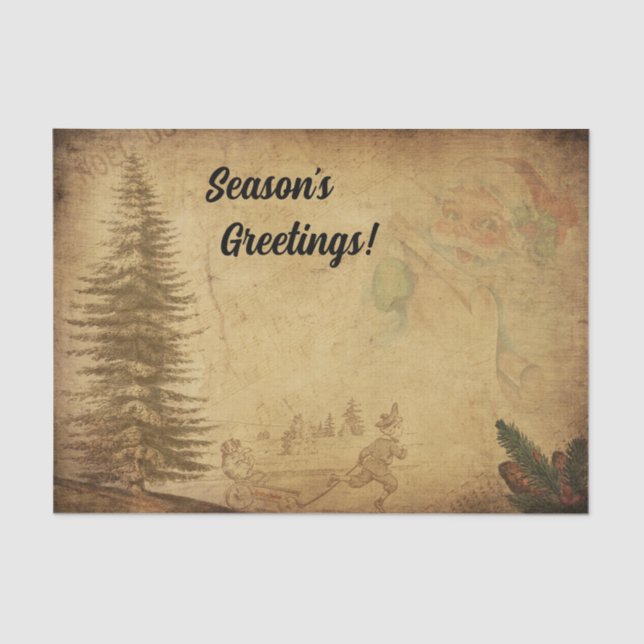 Distressed Vintage Xmas Tree Season's Greetings Tissue Paper (Front)