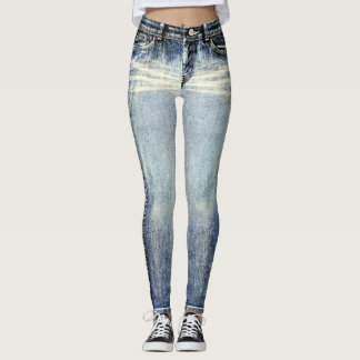 Distressed Wash Jeans All-Over Printed Leggings