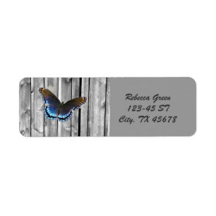 Distressed Weathered Wood farmhouse Blue butterfly Return Address Label