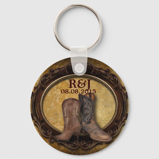 distressed western country cowboy wedding favour key ring (Front)