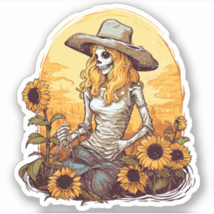 Distressed Western Cowgirl Skeleton and Sunflowers