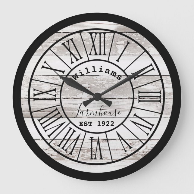 Distressed White Wood Farmhouse Family Name Large Clock (Front)