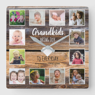 Distressed Wood 12 Photo Collage Grandkids Quote  Square Wall Clock
