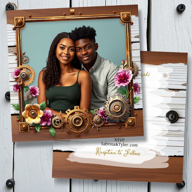 Distressed Wood and Steampunk Metal Wedding Invitation (Creator Uploaded)