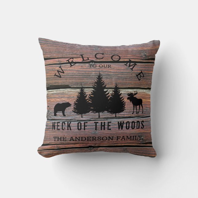 Distressed Wood Cosy Cabin Welcome Family Name Cushion (Front)