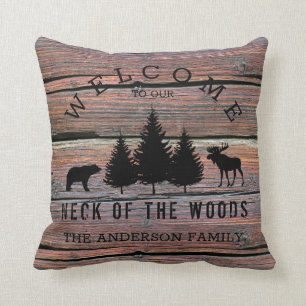 Distressed Wood Cosy Cabin Welcome Family Name Cushion