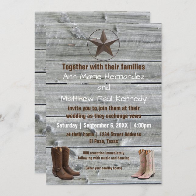 Distressed Wood Cowboy Boots - Wedding Invitation (Front/Back)