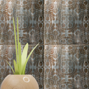 Distressed Wood Replica Brown Damask Ornate  Ceramic Tile