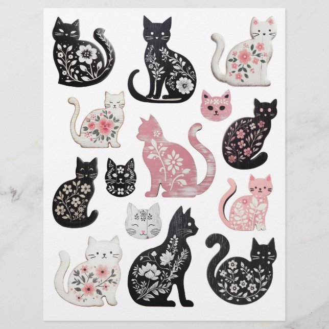 Distressed Wooden Floral Cat Embellishments (Front)
