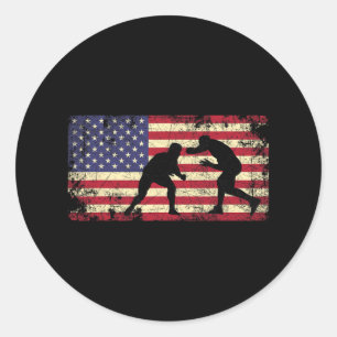 Distressed Wrestler Wrestling American Flag 4th Of Classic Round Sticker