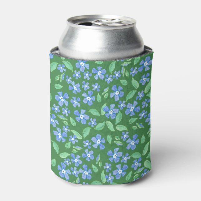 Ditsy Bright Blue Periwinkles on Green Floral Can Cooler (Can Front)