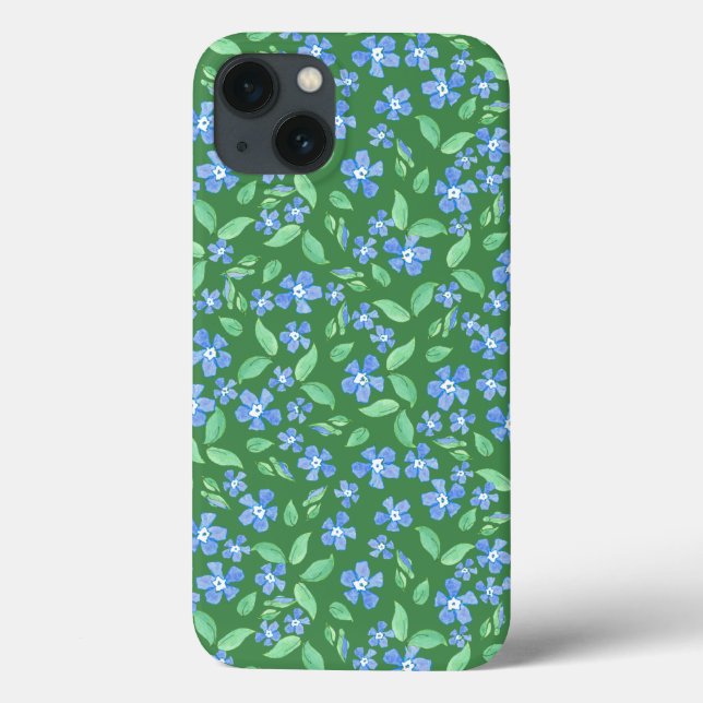 Ditsy Bright Blue Periwinkles on Green Floral Case-Mate iPhone Case (Back)