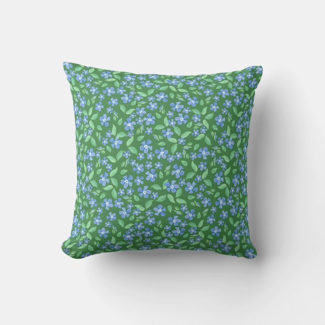 Ditsy Bright Blue Periwinkles on Green Floral Cushion (Front)