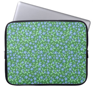 Ditsy Bright Blue Periwinkles on Green Floral Laptop Sleeve