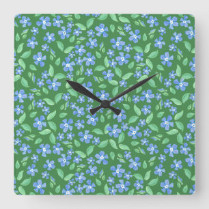 Ditsy Bright Blue Periwinkles on Green Floral Square Wall Clock