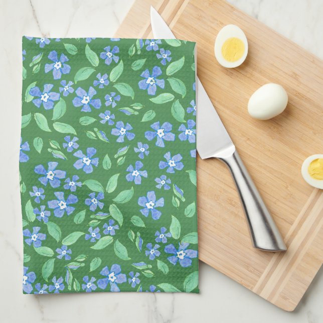Ditsy Bright Blue Periwinkles on Green Floral Tea Towel (Quarter Fold)