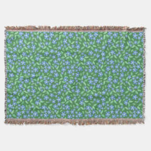 Ditsy Bright Blue Periwinkles on Green Floral Throw Blanket