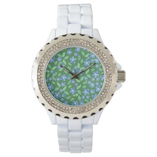 Ditsy Bright Blue Periwinkles on Green Floral Watch (Front)