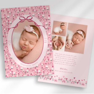 Ditsy Doodle Floral Bow Photo Birth Announcement