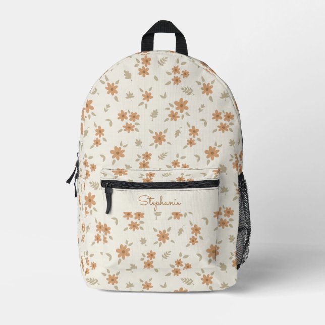 Ditsy Floral Boho Botanical Beige Girly Name Printed Backpack (Front)